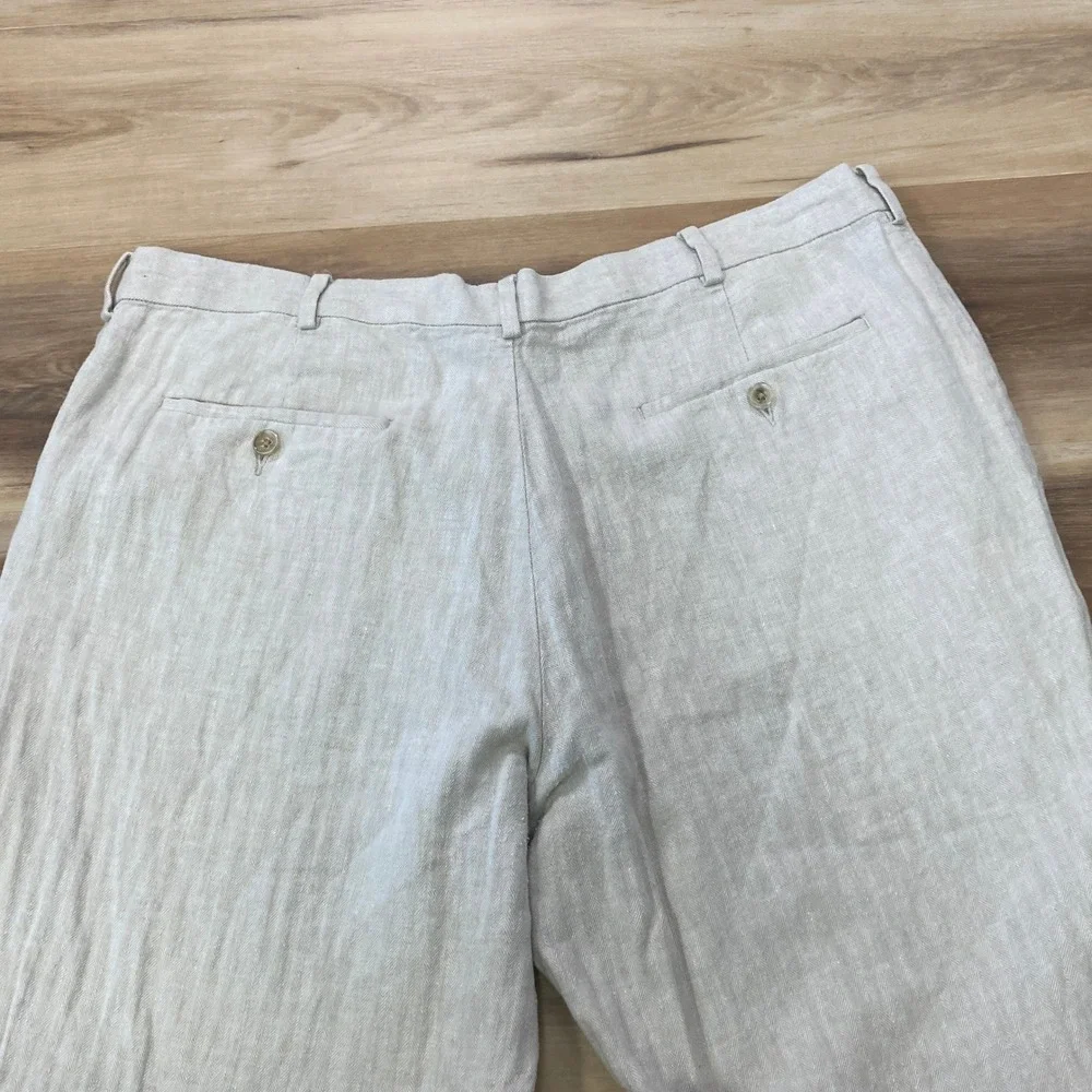 Perry Ellis Trousers 38/30 Linen Cotton Herringbone Straight Leg Beige Tan